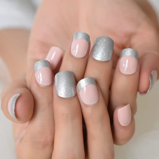 Short Press on Nails – 24 PCS Pink, Gray & Silver Glitter Pastel French Nails for Spring or Easter surethings