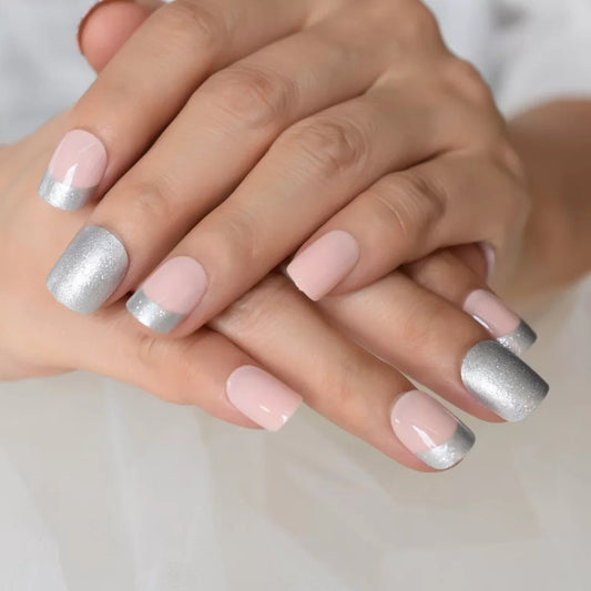 Short Press on Nails – 24 PCS Pink, Gray & Silver Glitter Pastel French Nails for Spring or Easter surethings