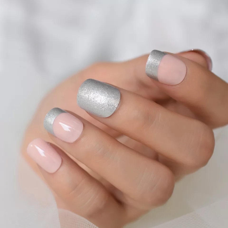 Short Press on Nails – 24 PCS Pink, Gray & Silver Glitter Pastel French Nails for Spring or Easter surethings