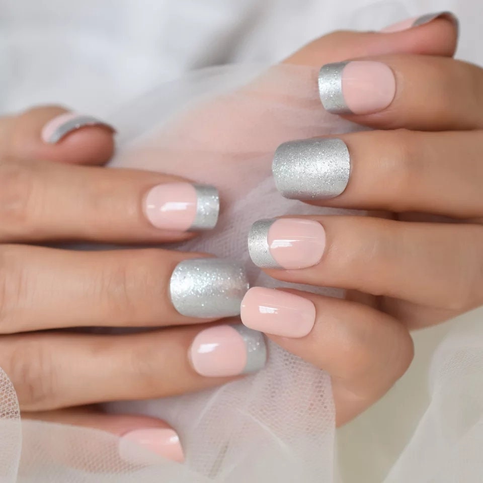 Short Press on Nails – 24 PCS Pink, Gray & Silver Glitter Pastel French Nails for Spring or Easter surethings