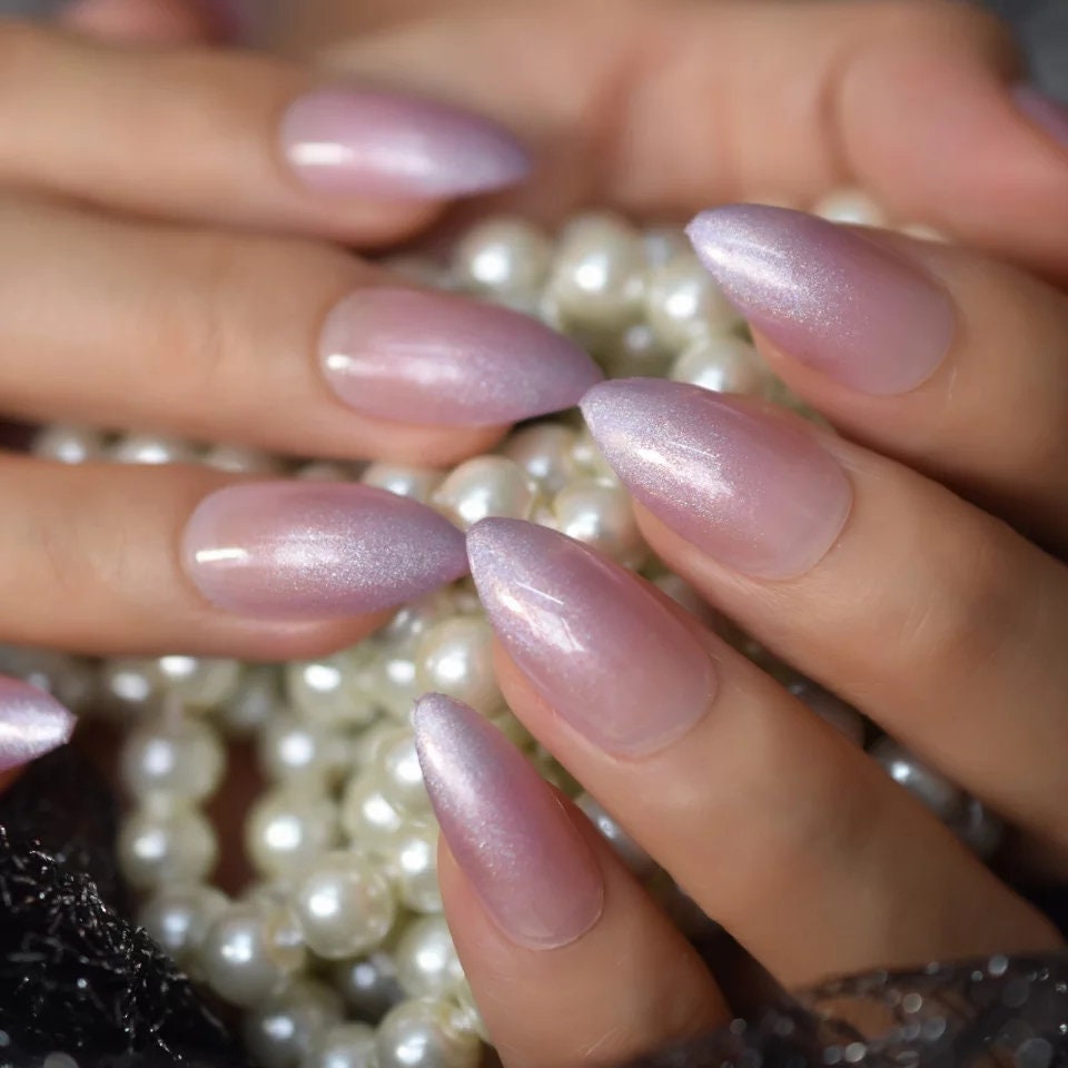 24 Pale Pink Nude Iridescent Long Press On Nails clear jelly holographic light Glue on shiny metallic medium stiletto almond pointed
