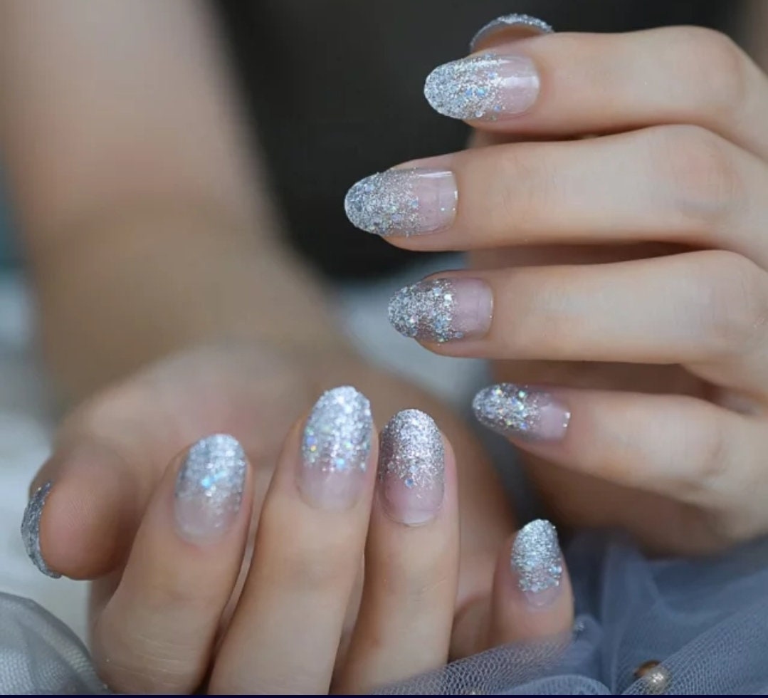 24 ombre glitter Short Press on nails Holographic glitter oval almond iridescent Unicorn glue on pink shimmer rounded oval surethings