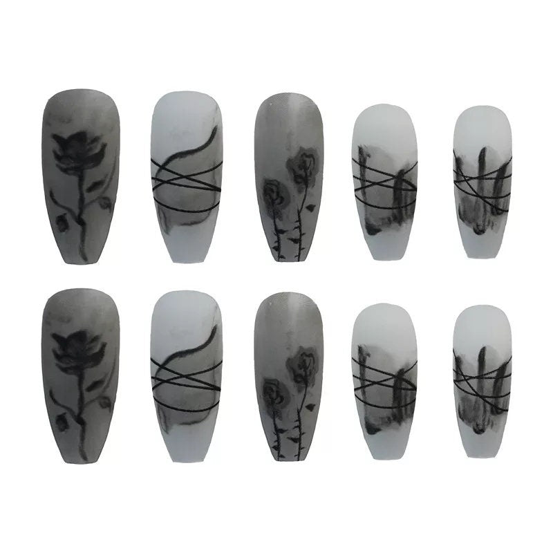 24 Gothic Frosted glass Matte Black Rose Long Press On Nails kit Frosted glue on edgy