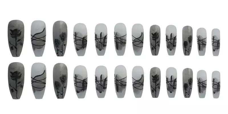 24 Gothic Frosted glass Matte Black Rose Long Press On Nails kit Frosted glue on edgy