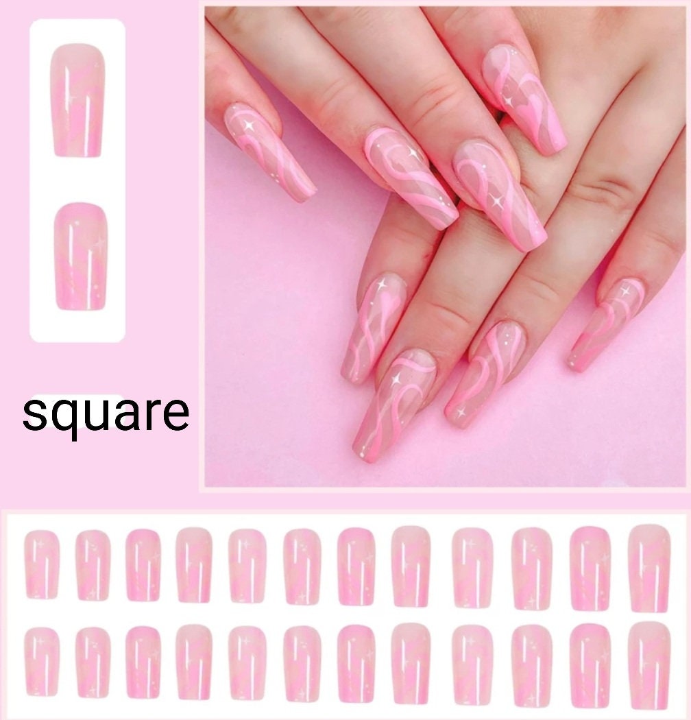 24 Nude Blue Swirl design Long Press on nails glue on Coffin manicure