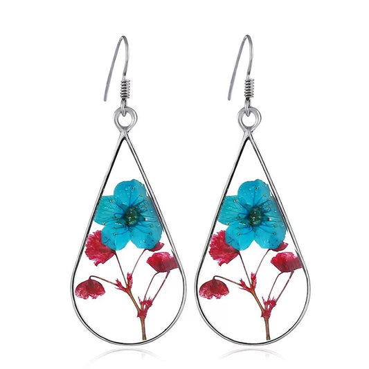 Real dried pressed Flower Earrings Dangle Tear Drop Blue red clear glass resin cottage core Jewelry