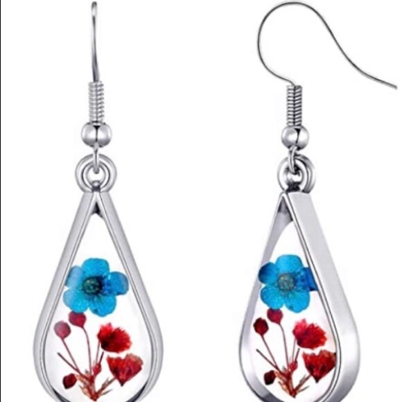 Real dried pressed Flower Earrings Dangle Tear Drop Blue red clear glass resin cottage core Jewelry