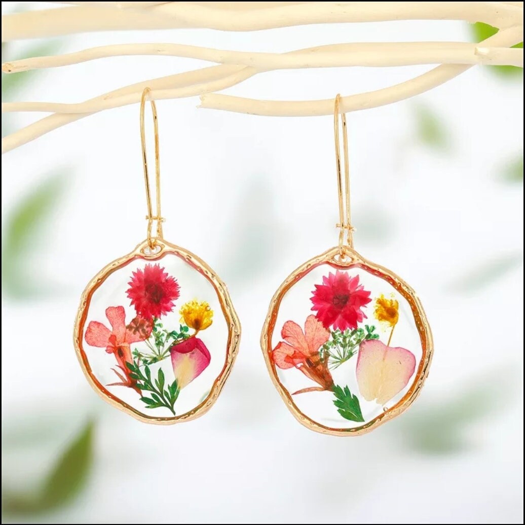 Real Dried Pressed Flower Earrings Dangle clear glass resin cottage core rose gold heart tear circle Jewelry