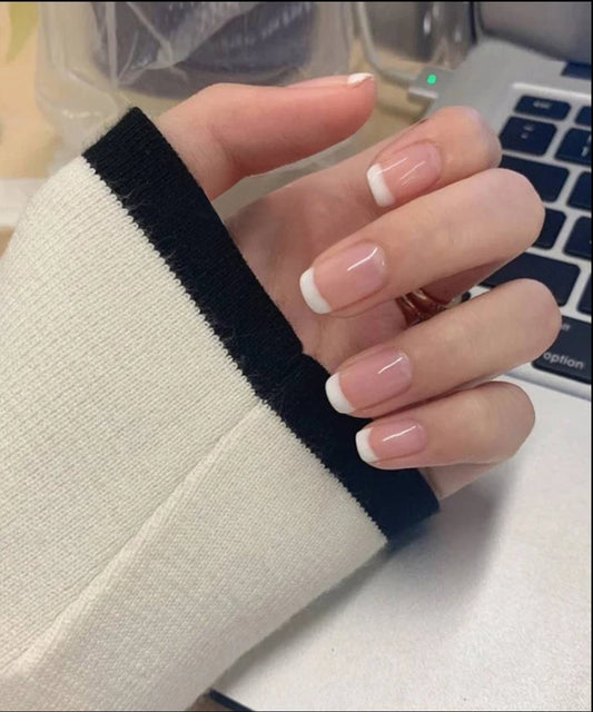 24 French mani White tip Short Press on nails glue on natural classic clean square pink nude