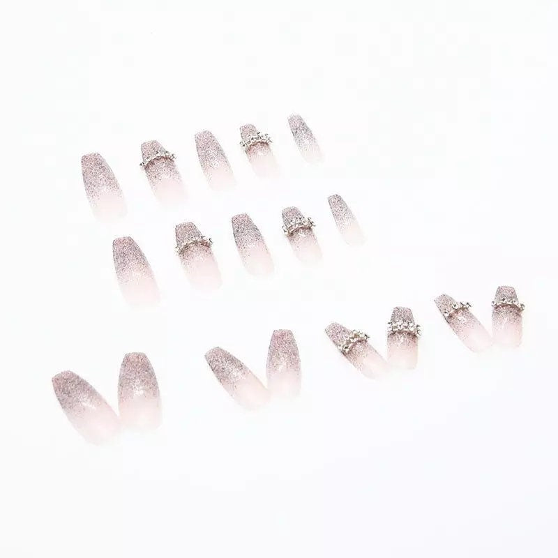 24-piece extra long press on nails in glitter ombre French style with silver and purple rhinestones and gem accents surethings