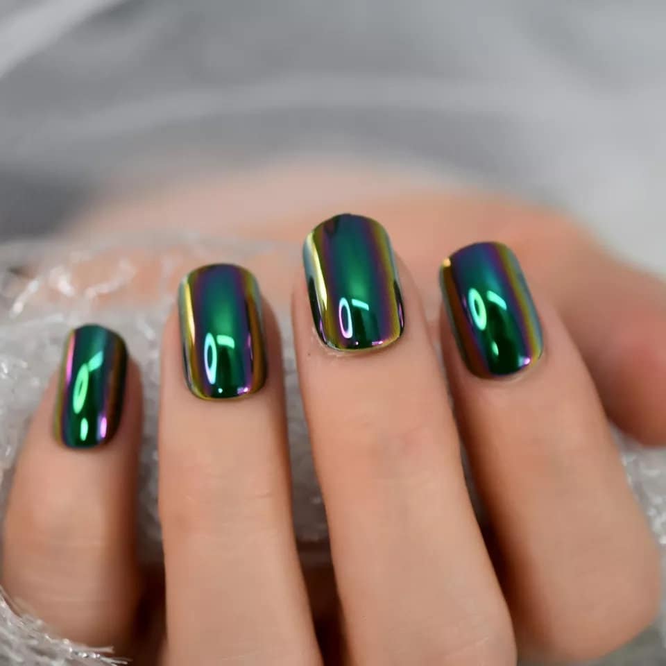 24 Oil Slick Chrome short Press on nails Purple Green glue on mirror shiny metallic gray dark holographic goth edgy