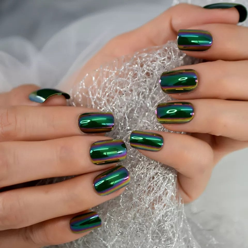 24 Oil Slick Chrome short Press on nails Purple Green glue on mirror shiny metallic gray dark holographic goth edgy