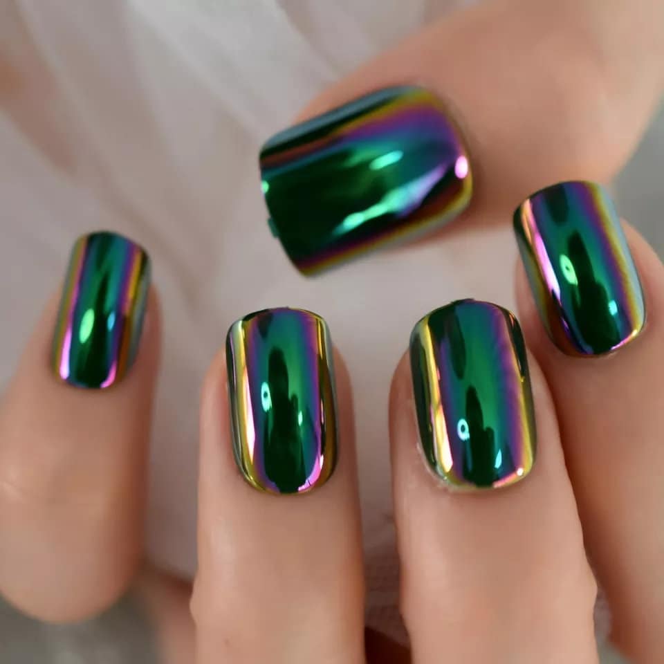 24 Oil Slick Chrome short Press on nails Purple Green glue on mirror shiny metallic gray dark holographic goth edgy