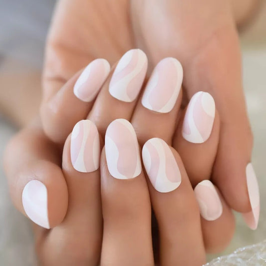 Strawberry milk swirl short press on nails in white and pink matte oval shape surethings