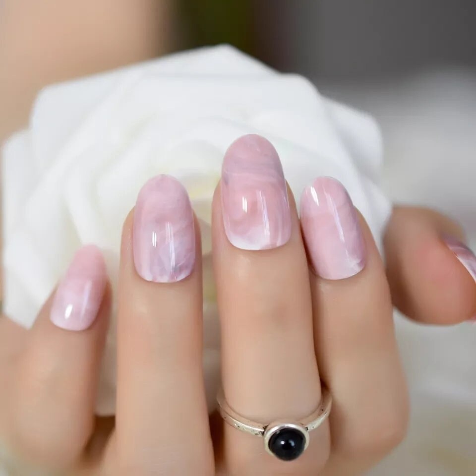 Rose Quartz Short Press On Nails – Pink Marble Round Oval Almond Glue-On Set surethings
