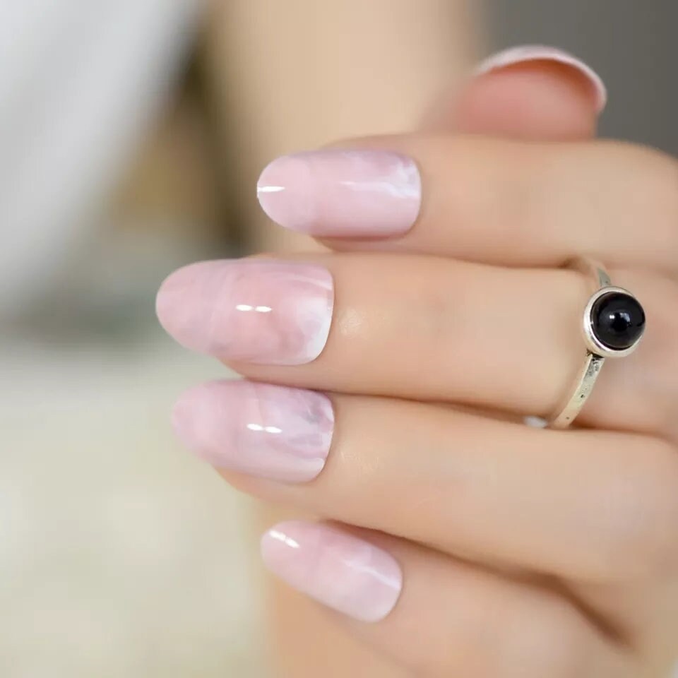 Rose Quartz Short Press On Nails – Pink Marble Round Oval Almond Glue-On Set surethings