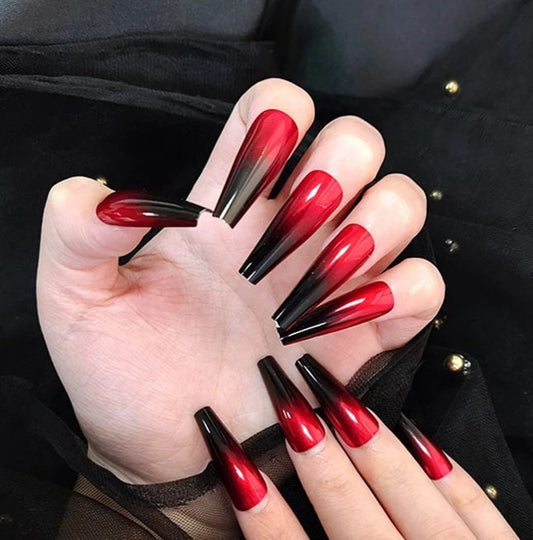 24 Pcs Ombre Red & Black Long Press On Nails – Gothic Coffin Mirror Set surethings