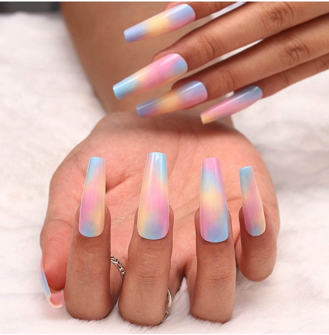24 Cotton Candy Ombre Long press on nails glue on kit kawaii cute Multicolor
