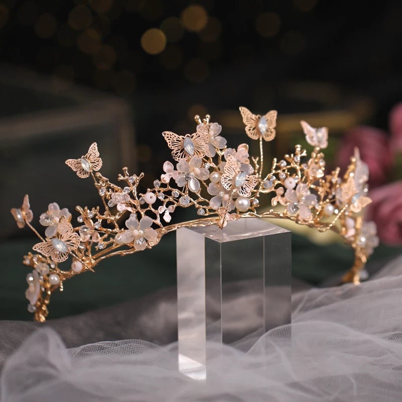 Rose Gold Butterfly Princess Tiara Detailed Princess Queen headdress