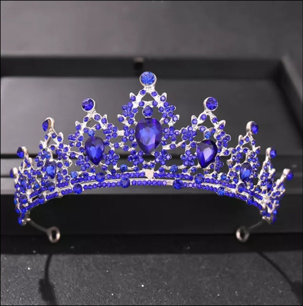 Blue sapphire Tiara silver Crown Princess Queen headdress bridal