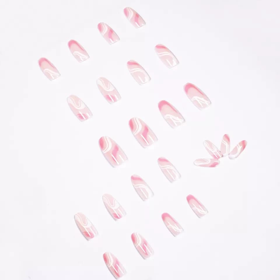 24 Swirl design almond Press on nails kit pink white glue on medium almond manicure nude lava