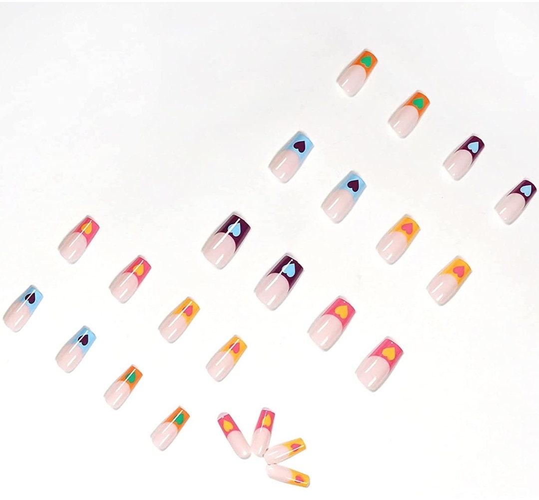 24 Colorful Heart French tip Long press on nails glue on kit kawaii cute hot pink