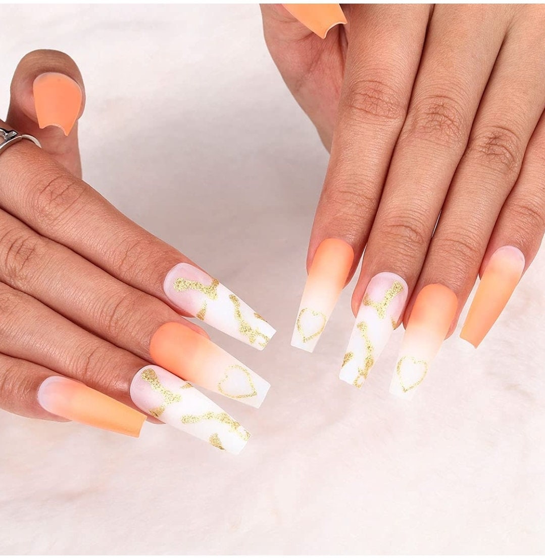 24 Frosted Peach Long Press on nails glue on Coffin manicure nude spring gold orange