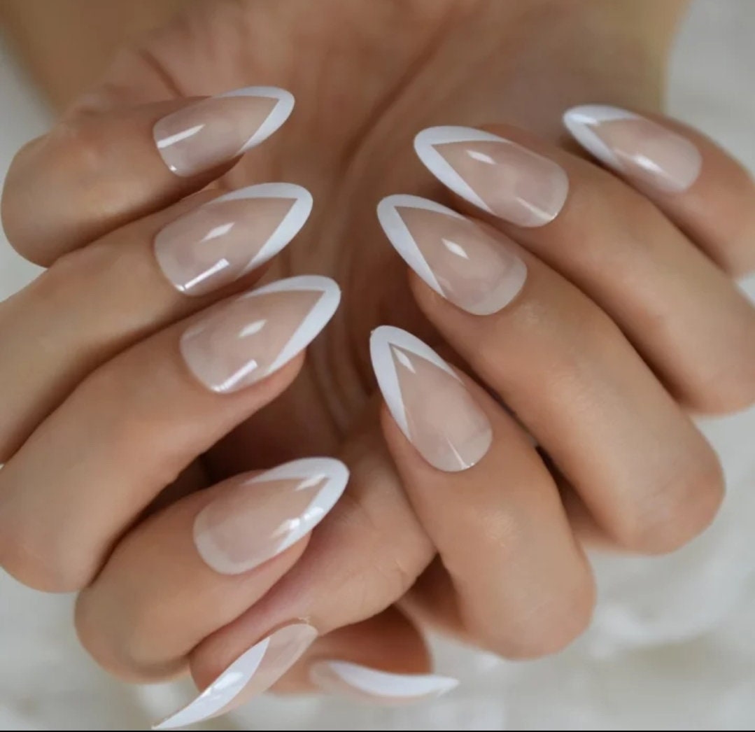 24 V shape tip Medium Almond French Mani Nude White Rim tip Long press on Nails classic Glue on pointed