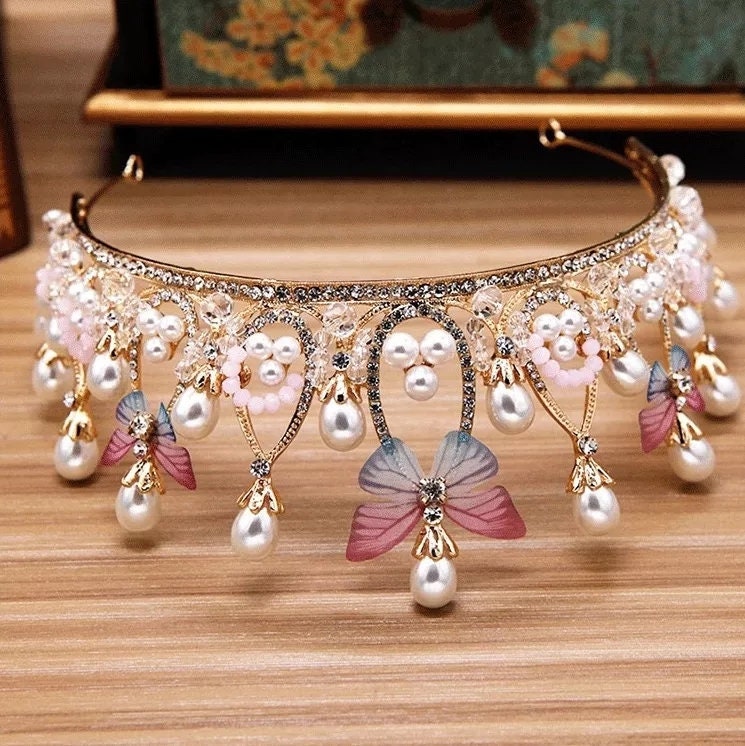 Butterfly Tiara Crown Queen Gold headdress jewelry bridal real metal pearls cosplay