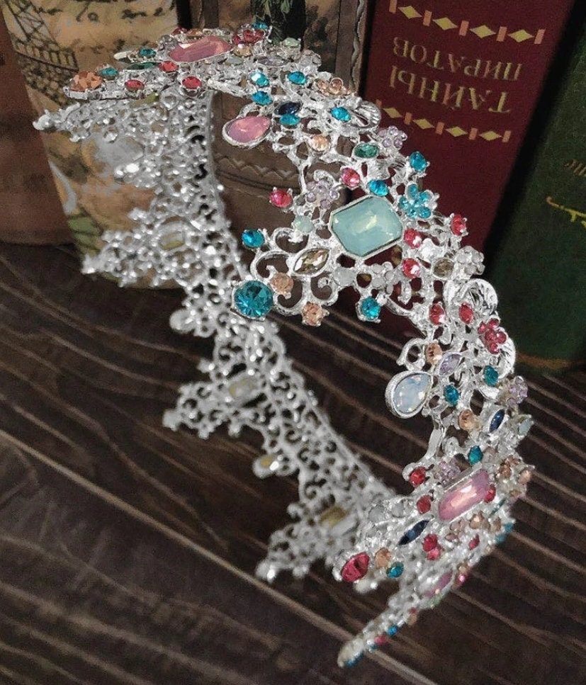 Multi Color Silver Baroque Princess Crowns Pastel Queen tall diadem headdress