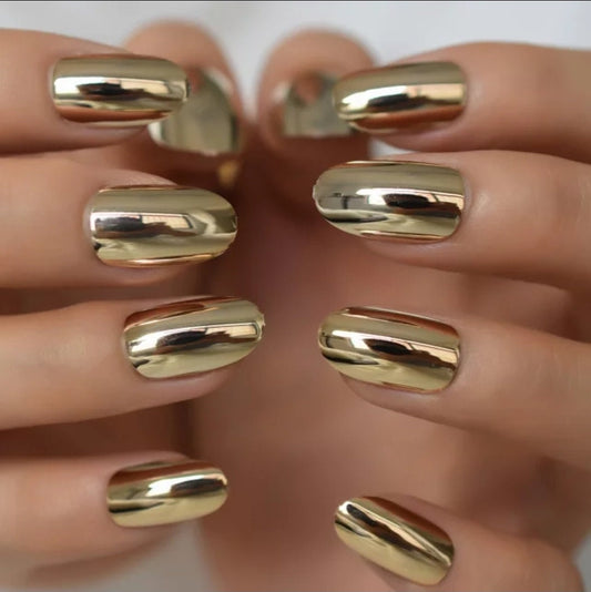 24 Gold Chrome Almond Press On Nails kit Glue on Mirror shiny metallic Medium oval point