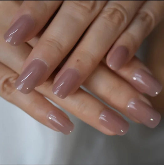 24 Nude Gel Glaze Medium Square Long press on Nails Glue on clear monochrome glossy