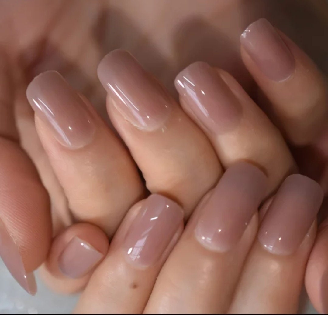 24 Nude Gel Glaze Medium Square Long press on Nails Glue on clear monochrome glossy