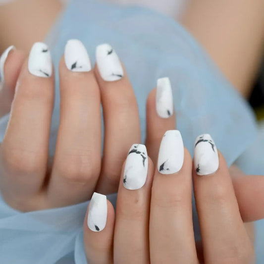 24 Matte White Marble Long Press On Nails kit glue on medium coffin black design
