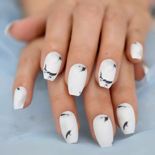 24 Matte White Marble Long Press On Nails kit glue on medium coffin black design
