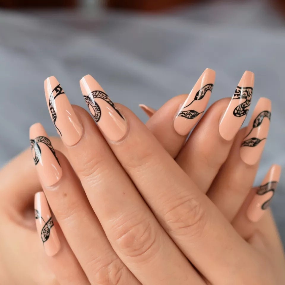 24 Nude Snake Long Press on nails glue on natural Coffin tan black goth hot