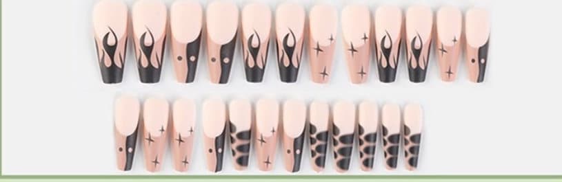 24 extra long press-on nails in matte tan nude coffin shape with black flame and brown design surethings