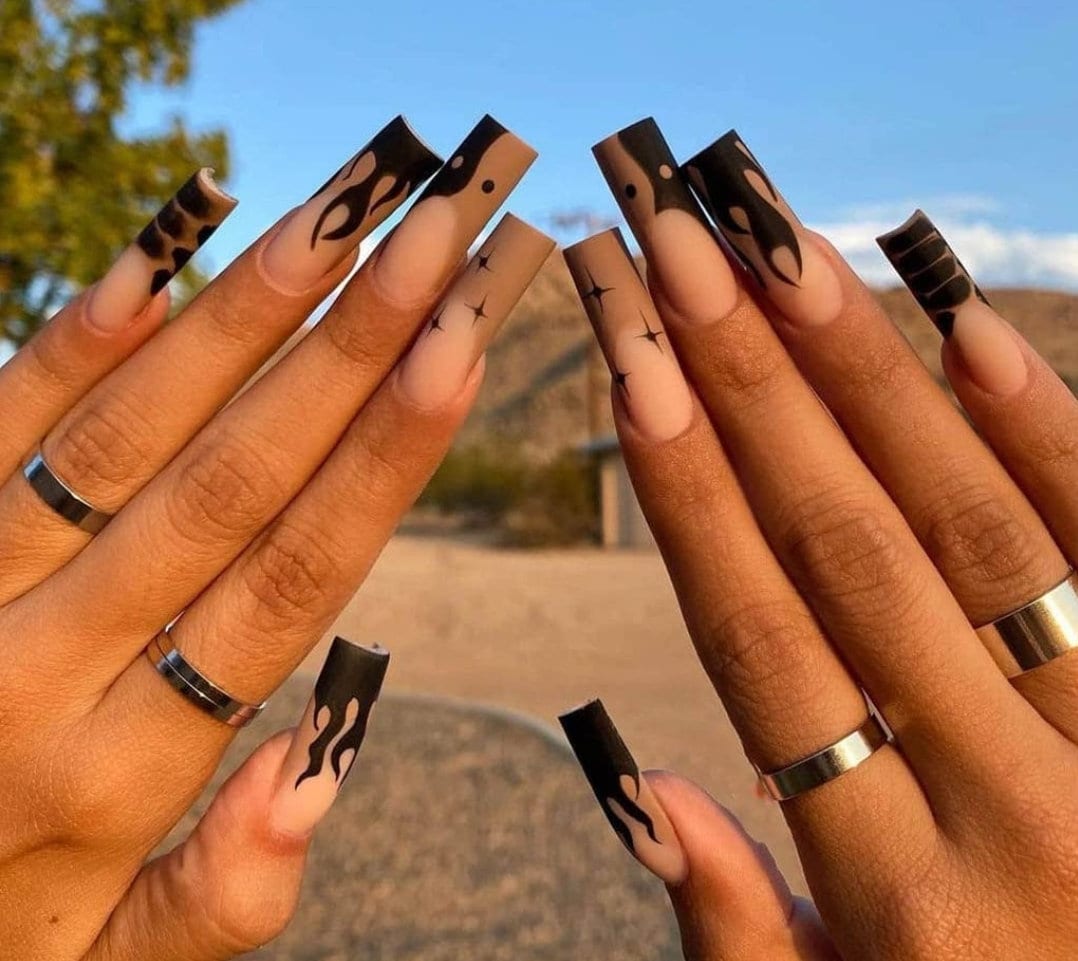 24 extra long press-on nails in matte tan nude coffin shape with black flame and brown design surethings