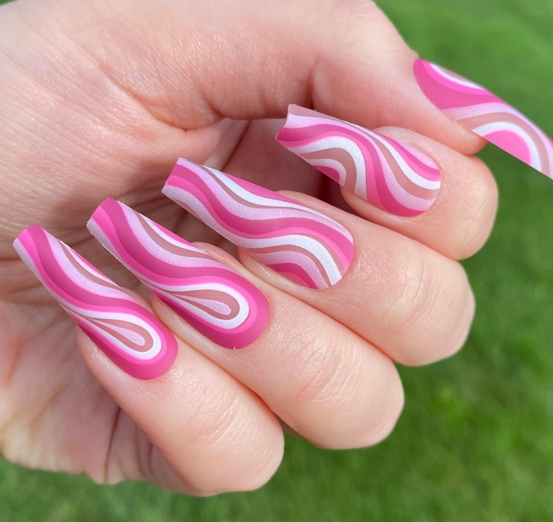 24 Pink Purple Swirl Long Press on nails glue on groovy pretty cute nude matte coffin white kawaii