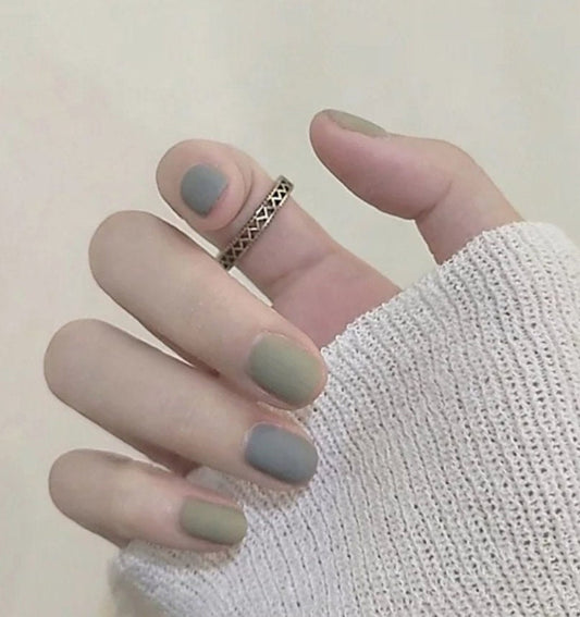 24 pcs short press-on nails in matte sage green with gray glue-on kit surethings
