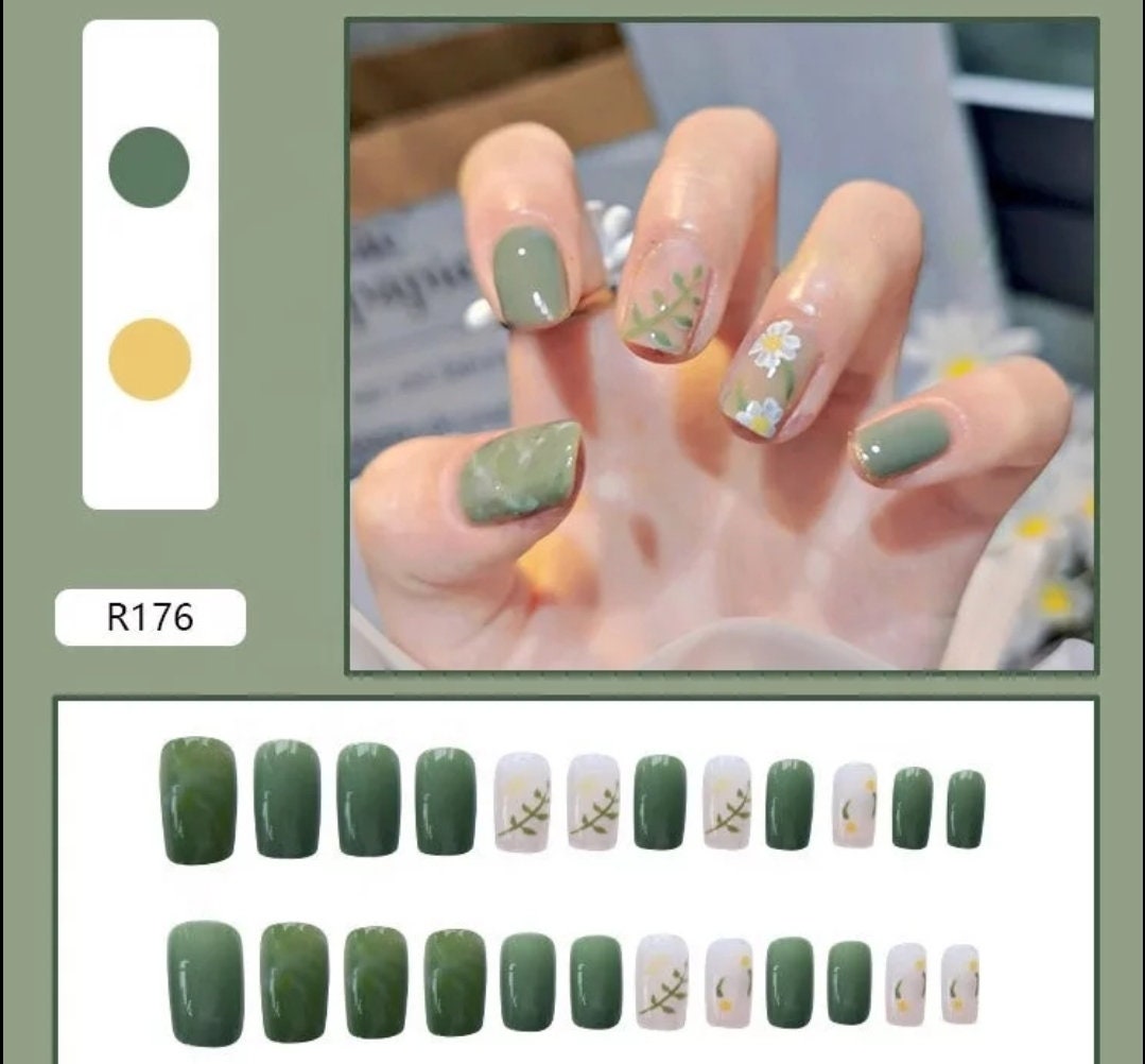 24 Short Press on nails glue on pink unique multicolor red green design peach heart leaf nature floral flower fruit orange