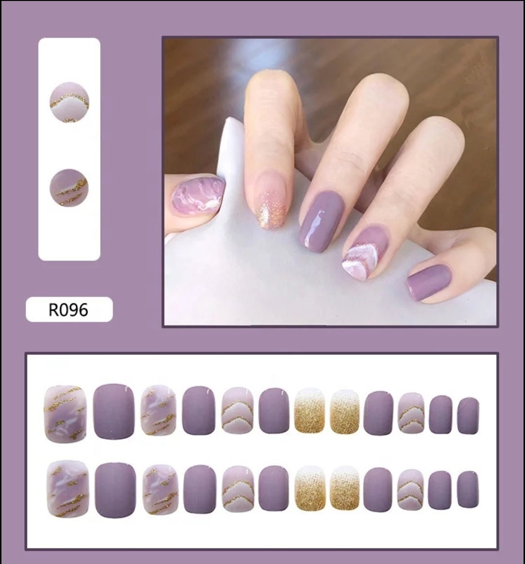 24 PCS Purple Artsy Short Press On Nails – Ombre Glitter Jelly Grape Design surethings