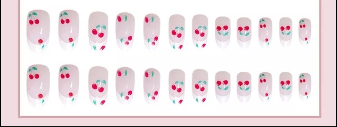24 Nude Long Press On Nails Hearts medium Long rounded almond glue on pink cute kawaii cherries cherry French white