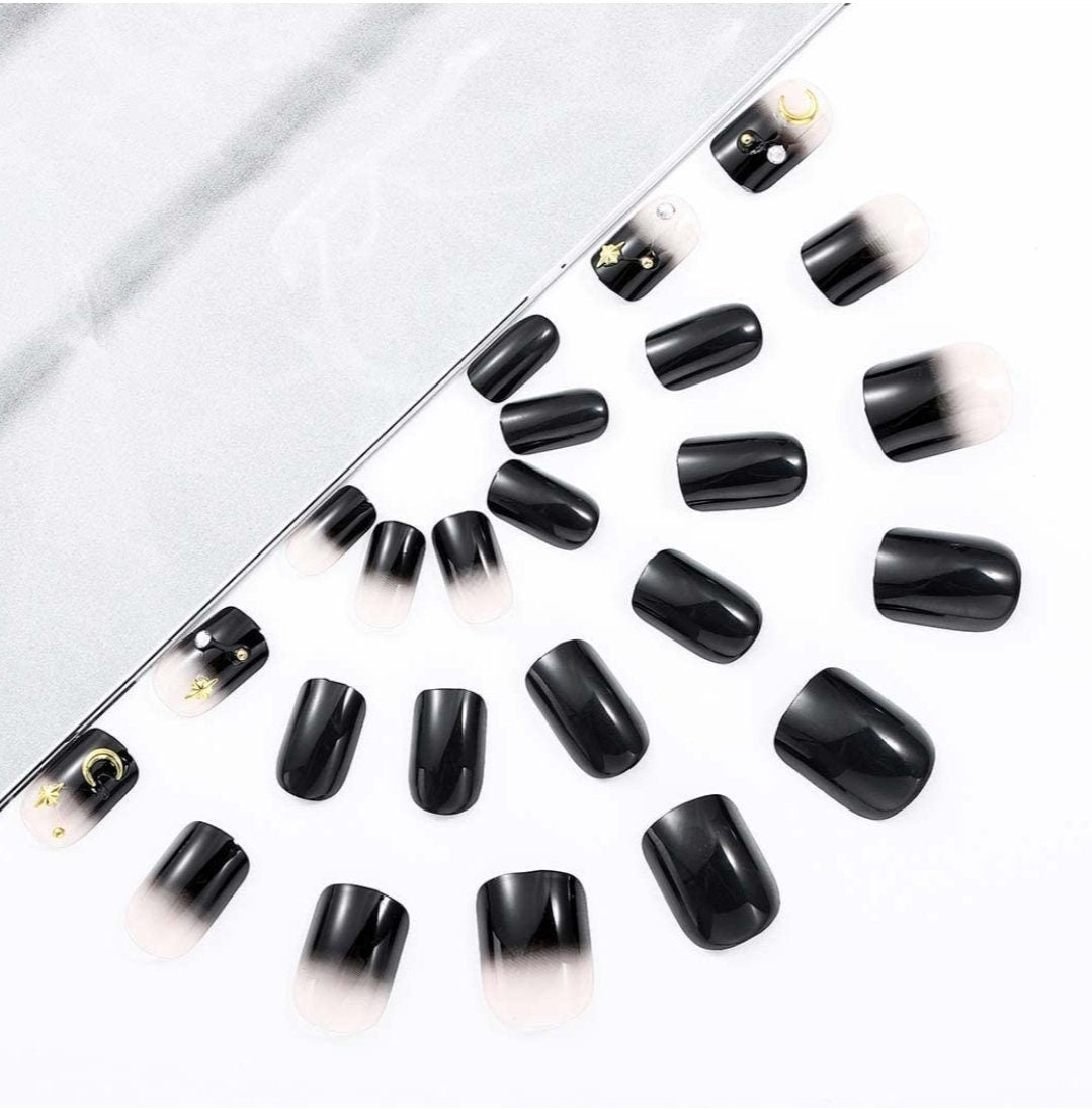 Goth Black Short Press On Nails with Crescent Moon and Celestial Star Design – Square Glue-On Nails surethings
