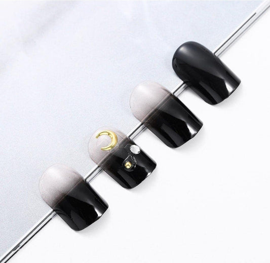 Goth Black Short Press On Nails with Crescent Moon and Celestial Star Design – Square Glue-On Nails surethings