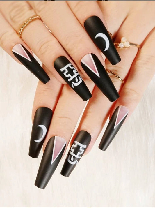 24 goth matte black press-on nails in long coffin shape with crescent moon – edgy witchy glue-on nail set surethings