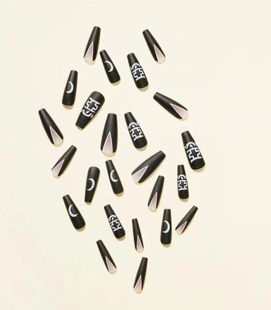 24 goth matte black press-on nails in long coffin shape with crescent moon – edgy witchy glue-on nail set surethings