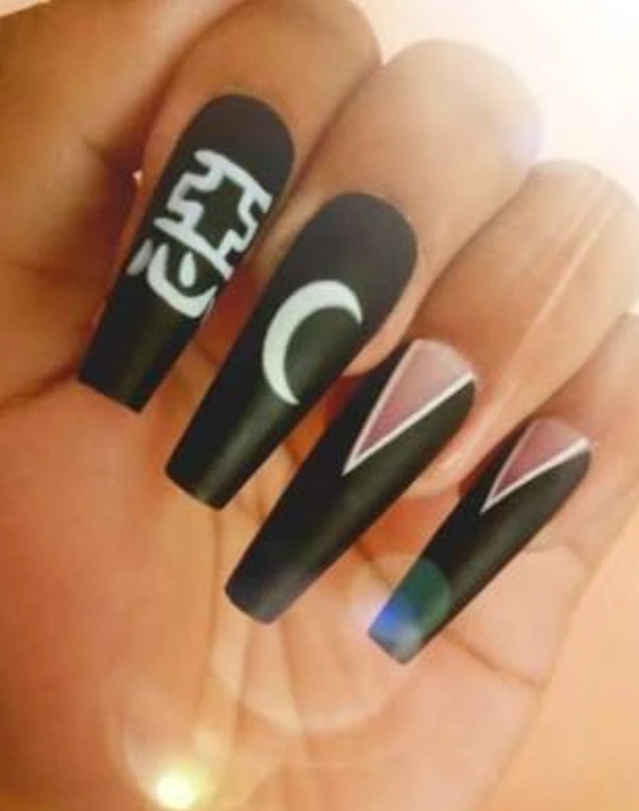 24 goth matte black press-on nails in long coffin shape with crescent moon – edgy witchy glue-on nail set surethings