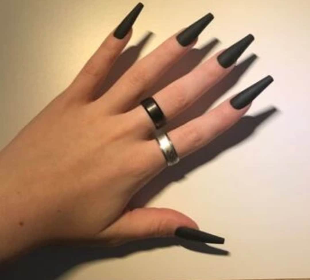 Long Matte Black Coffin Press On Nails Vampy Goth Alt Style surethings