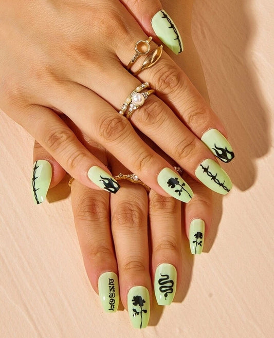 24 lime snake long coffin press on nails – gothic punk tattoo design with flames and roses surethings